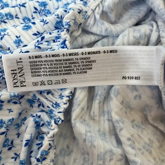 ❌SOLD❌ NWT Posh Peanut Baby Girl Blue & White Floral Ruffle Bubble Romper 0-3M - Picture 10 of 11